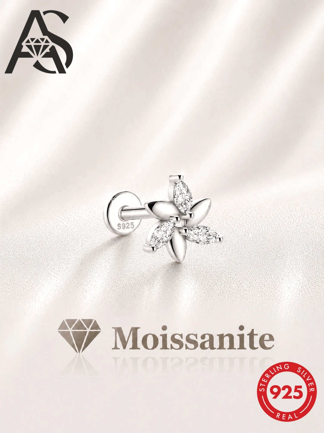 AnlaScheer 1pc 0.1ct Moissanite 925 Sterling Silver Marquise Flat Back Helix Ear Piercing Stud Earrings For Women Engagement Wedding Bridal Jewelry - Silver - View 1