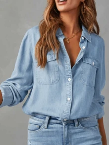 New Fashionable Casual Solid Color Washed Denim Shirt - Suitable For School, Vacation, Daily Wear, All Season Spring - Light Wash - View 2