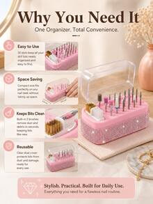 Caja de almacenamiento y exhibición con cepillo para brocas de taladro de uñas con 30 ranuras, decorada con diamante de imitación - Multicolor - Ver 3