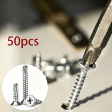 50pcs Zinc-Plated Carbon Steel Self Tapping Screws,#8/M4.2 Flat Head Cross Groove Metal Plate Fully Threaded, Right Hand Thread Direction Screws,For Metal Sheet, Wood, Gypsum Board Labor Day Gifts For Men - A - View 2