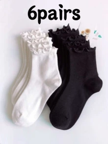 10 Pairs Women's Black And White Solid Color Ruffle Trim Casual Versatile Mid-Calf Socks - Black and White - View 11
