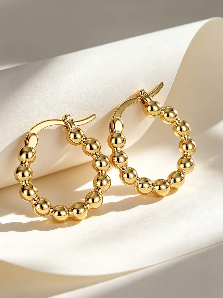 Charm-In 18K Gold Plated Beaded Hoop Earrings, Brass Ball Huggie Hoops For Women, Minimalist Daily Casual Jewelry - Gold - View 1