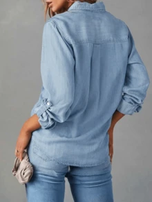 New Fashionable Casual Solid Color Washed Denim Shirt - Suitable For School, Vacation, Daily Wear, All Season Spring - Light Wash - View 3