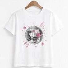 Camiseta para mujer con bola disco y estrellas, playera manga corta estampada, casual para fiesta, concierto, salida y outfit juvenil - Blanco - Ver 4
