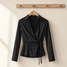 Fitted Collared Wrap Long Sleeve Side Tie Waist Solid White Blouse Casual Daily Top - 黑色 - 查看 4