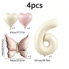 4pcs Cream Pink Butterfly Heart Number 1-9 Balloon Set, 40 Inch Large Foil Balloons, Suitable For Birthday Party Decoration, Baptism And Friends Gathering Backdrop Decor Supplies - Butterfly Heart Number - View 13