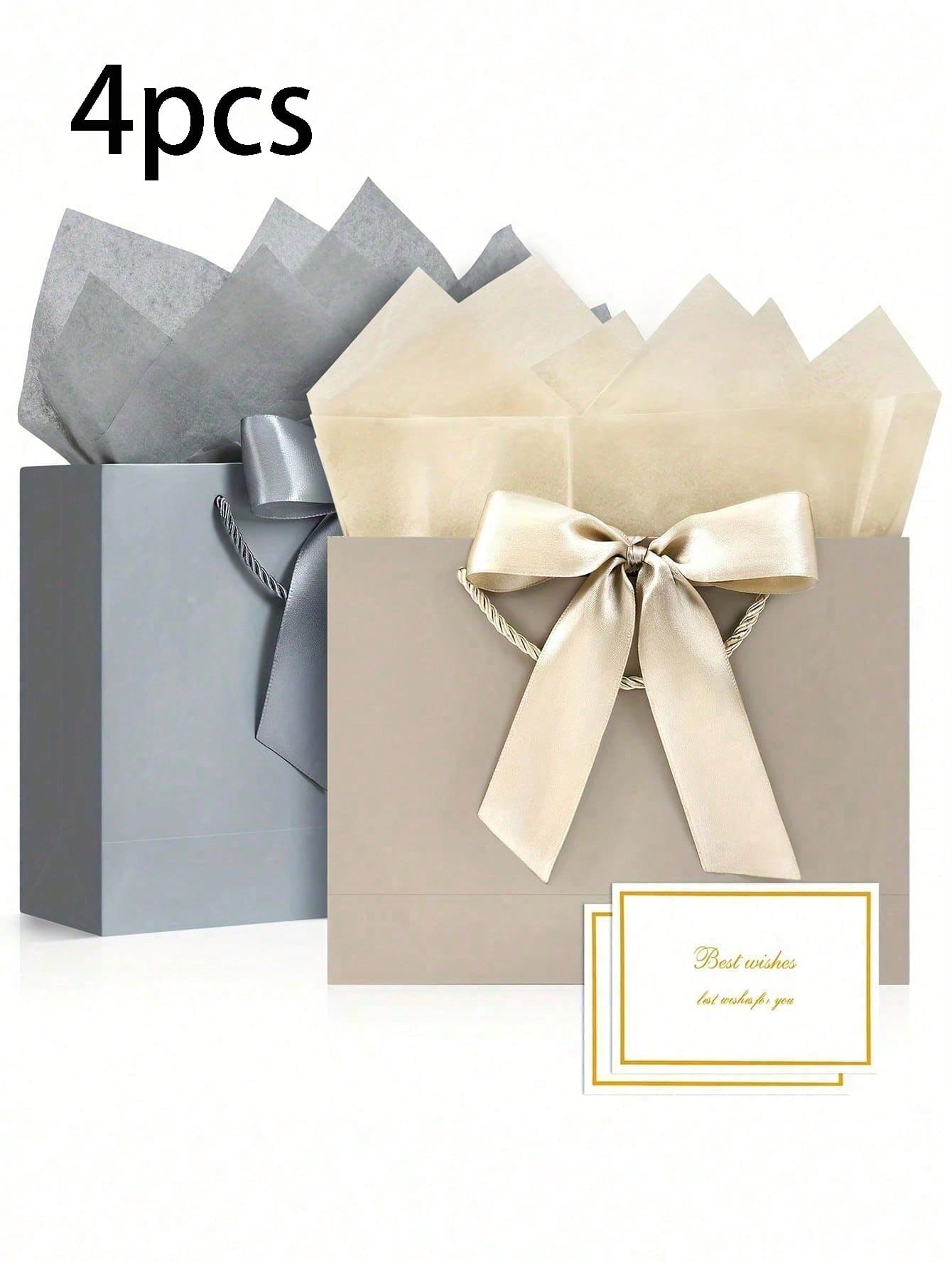 4pcs/Set Champagne & Silver Gray Gift Bag Set, Including 1 Gift Bag, 1 Tissue Paper, 1 Bow, 1 Card, 3 Sizes With Ribbons, Suitable For Wedding, Birthday, Party, Thanksgiving, Anniversary, Valentine's Day, Celebration - Multicolor - View 1
