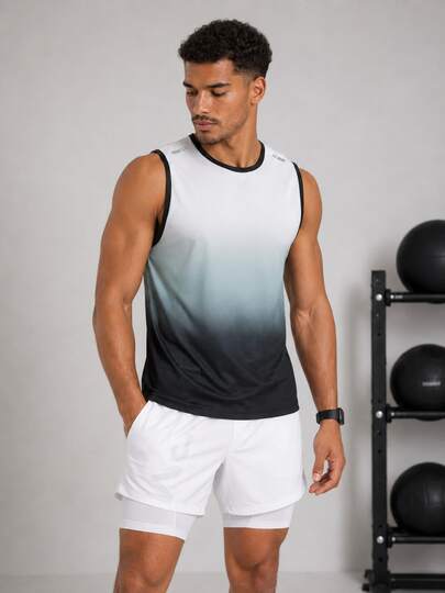Men's Summer Gradient Print Sports Tank Top, Suitable For Running And Fitness