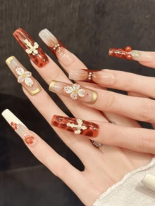 10PCS Coffin Handmade Press On Nails, Y2K,Sweet And Cool Black Powder, Cherry Flower Decoration,Suitable For Girls And Women Festivals Parties,Music Festival,Daily Wear,Valentine's Day Gift. - Mocha Brown - View 4
