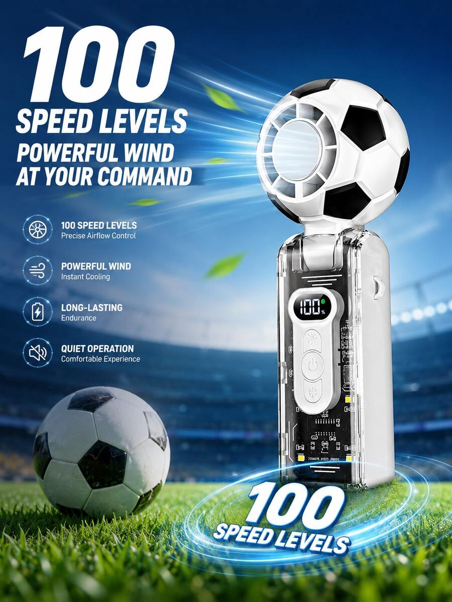 1個足球手持風扇-40000 Rpm，100級智能數位顯示，附LED燈冰敷風扇，適用於戶外、夏季、世界盃、辦公室、宿舍、旅行、日常生活、家務、港口、學生、夏季必需品、冷卻工具