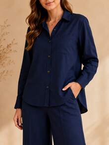 Women's Viscose Linen Set: Long-Sleeved Shirt With Buttons + Lined Wide-Leg Pants. Lightweight And Breathable Fabric. Elegant Casual Look For Work, Outings, And Everyday Wear. - 藏蓝色 - 查看 4