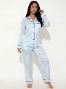 Snug League 2pcs/Set Women Blue Striped Long Sleeve Pajama Set - Blue - View 1