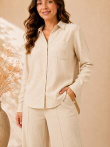 Women's Viscose Linen Set: Long-Sleeved Shirt With Buttons + Lined Wide-Leg Pants. Lightweight And Breathable Fabric. Elegant Casual Look For Work, Outings, And Everyday Wear. - 米色 - 查看 4