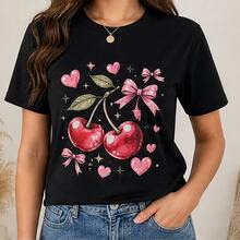Playera mujer cerezas y moños, camiseta estampada manga corta, blusa casual de algodón, cuello redondo para verano, salida, picnic y regalo - Negro - Ver 1