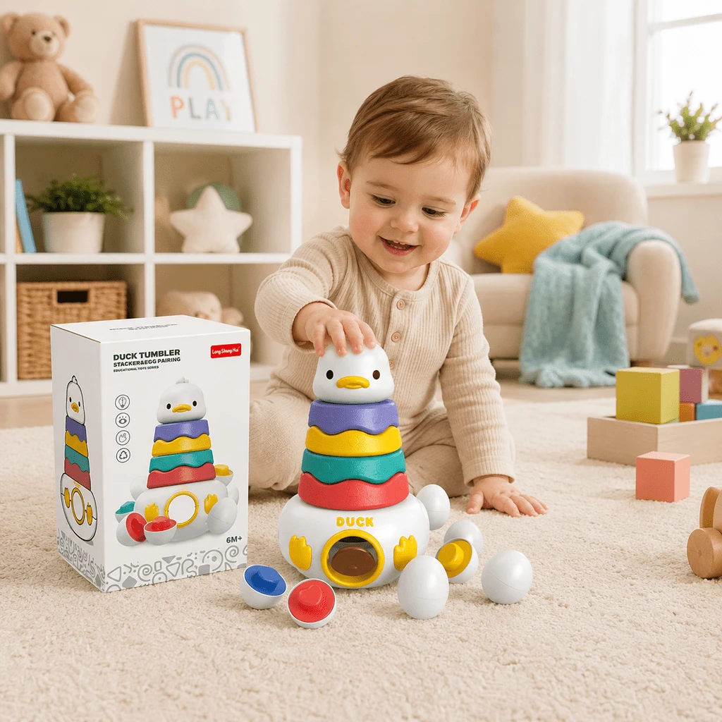 Duck Stacking Cups & Egg Matching Toy - 0-3 Years Early Education Educational Toy, Fine Motor Skills Training Stacking Fun, 6 Colorful Shape Matching Eggs, Rainbow Ring Tower, Hand-Eye Coordination, Toddler Learning Puzzle Gift - Multicolor - View 1