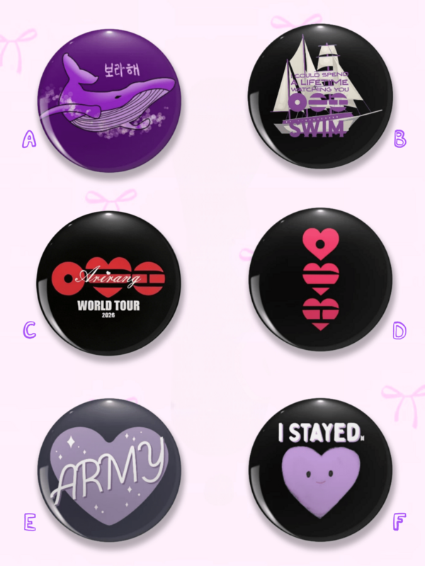1 cái/6 cái huy hiệu cài áo 4.4cm hình cá voi tím Bangtan & trái tim ARMY, chủ đề "Borahae" & thuyền buồm, ghim cài ve áo cho ARMY & fan K-Pop