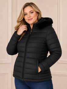 Women's Plus Size Puffer Jacket, Fleece Lined, Hood With Removable Fur, Cold Weather, Winter, Waterproof - 黑色 - 查看 8
