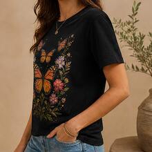 Playera mujer con mariposas y flores, camiseta estampada de algodón, manga corta, blusa casual cuello redondo para primavera, verano y uso diario - Negro - Ver 2