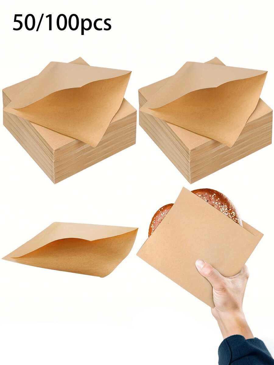 50/100个牛皮纸三明治袋,防油一次性食品袋,适用于汉堡、甜点、炸鸡 | 防漏零食包装,适用于派对、餐饮、餐车 | 婚礼、生日 | 返校季 - 彩色 - 查看 1