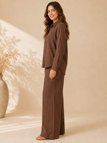 Women's Viscose Linen Set: Long-Sleeved Shirt With Buttons + Lined Wide-Leg Pants. Lightweight And Breathable Fabric. Elegant Casual Look For Work, Outings, And Everyday Wear. - 摩卡棕 - 查看 6