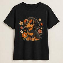 Women's T-Shirt With Dachshund Print, Short-Sleeved Printed T-Shirt, Casual Cotton Round Neck Blouse, Comfortable For Everyday Wear And As A Gift - 黑色 - 查看 4