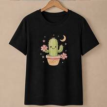 Playera mujer con cactus cute, camiseta estampada manga corta, blusa casual cuello redondo de algodón, cómoda para verano, playa, viaje y diario - Negro - Ver 4