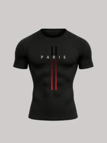 Men's Paris Print Sports T-Shirt, Slim Fit Crew Neck Short Sleeve Fitness Running Top Black - Black - View 2