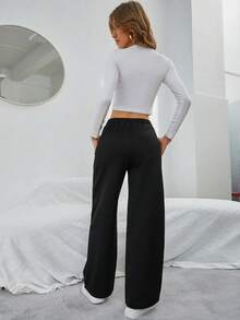 Women's High-Waisted Fleece Sweatpants, Jogger Style, Basic, Elegant, Sexy, Plus Size Pants - Black - View 2