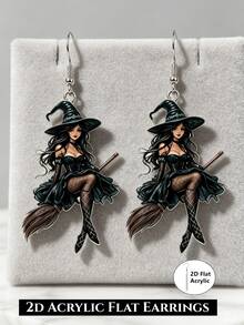 1pc Witch Riding Broom Acrylic Earrings, 2D Flat Design, Stainless Steel Earring Hooks, Suitable For Daily Wear And Parties, Applicable For Anniversary, Thanksgiving, Halloween, Christmas, All Seasons - Black Witch - View 1