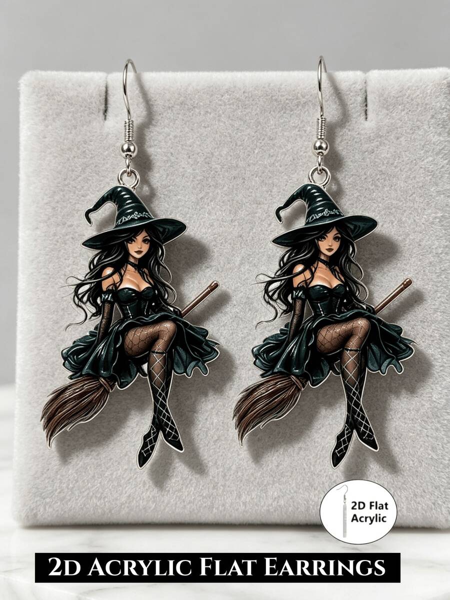 1pc Witch Riding Broom Acrylic Earrings, 2D Flat Design, Stainless Steel Earring Hooks, Suitable For Daily Wear And Parties, Applicable For Anniversary, Thanksgiving, Halloween, Christmas, All Seasons - Black Witch - View 1