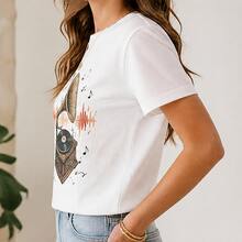 Playera para mujer estampado tocadiscos y música, camiseta dama manga corta, blusa casual cuello redondo, juvenil para concierto, salida y diario - Blanco - Ver 2