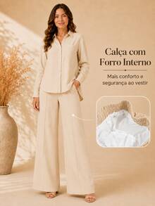 Women's Viscose Linen Set: Long-Sleeved Shirt With Buttons + Lined Wide-Leg Pants. Lightweight And Breathable Fabric. Elegant Casual Look For Work, Outings, And Everyday Wear. - 米色 - 查看 1