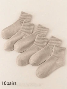 6 Pares de Meias Femininas de Cano Médio na Cor Cáqui, Moda Casual Versátil, Adequadas para Uso Diário, 1/3/5/6/10/15/20 Pares - Caqui - Visão 11