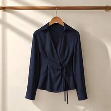 Fitted Collared Wrap Long Sleeve Side Tie Waist Solid White Blouse Casual Daily Top - Navy Blue - View 4