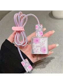 Pink TPU Small Heart Print/Bow/Flower Graphic/Purple Heart Cat Charger Data Cable Protector Sleeve Compatible With Apple 18/20W Charger, Suitable As A Gift For Friends - Pink - View 9