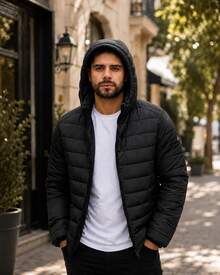 MEN'S BASIC CASUAL HPC POLO PUFFER JACKET WITH COMFORTABLE PLUSH HAT - Black - View 5