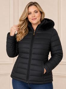 Women's Plus Size Puffer Jacket, Fleece Lined, Hood With Removable Fur, Cold Weather, Winter, Waterproof - 黑色 - 查看 13