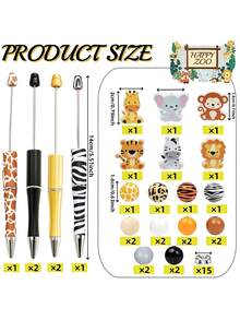6入組動物園動物DIY串珠筆組，獅子老虎長頸鹿大象斑馬猴創意手工筆，兒童禮物學校文具 - 彩色 - 查看 8