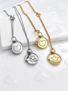 1pc Minimalist Ins Style Stainless Steel Gold Plated Rotating Rhinestone Inlaid Star & Heart Pendant Necklace, Men's Gift For Friends And Family On Holidays - Silver - View 1