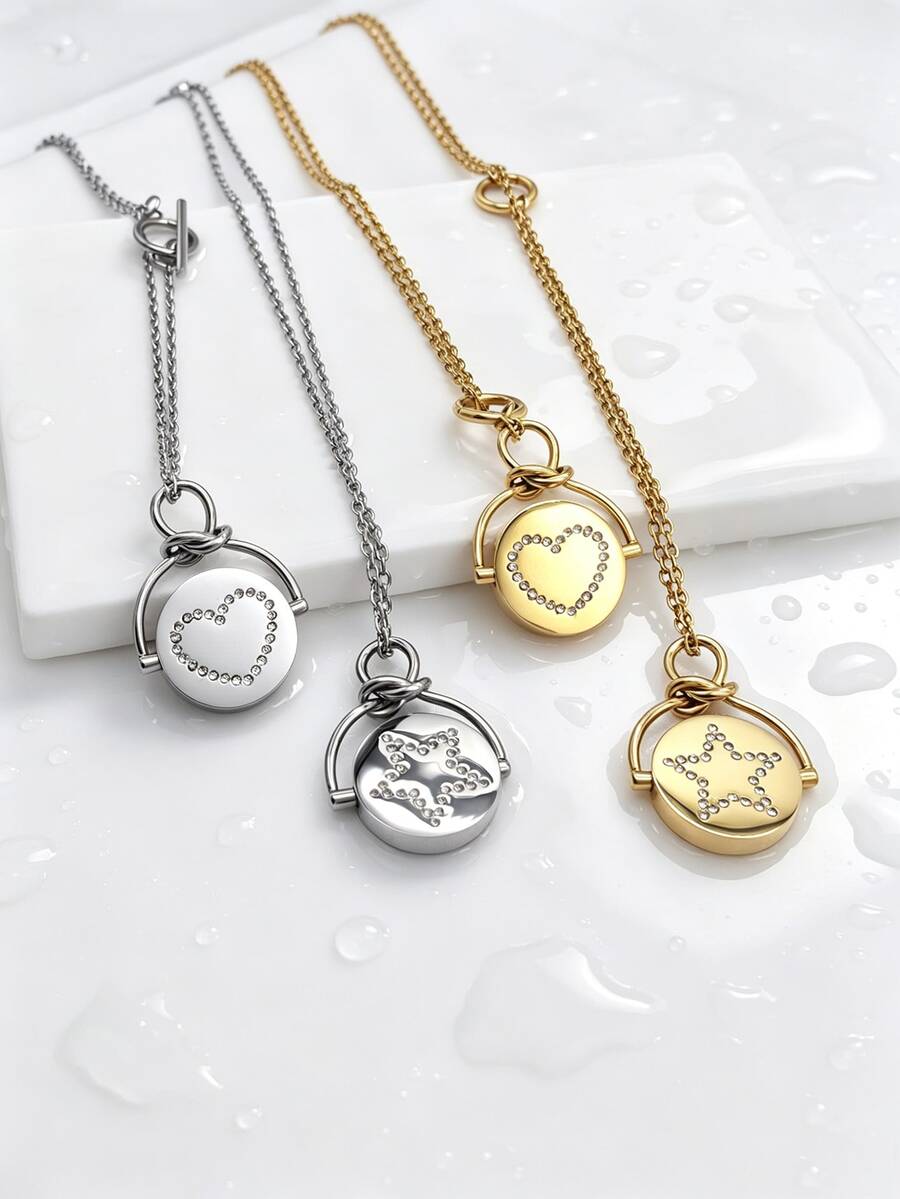 1pc Minimalist Ins Style Stainless Steel Gold Plated Rotating Rhinestone Inlaid Star & Heart Pendant Necklace, Men's Gift For Friends And Family On Holidays - Silver - View 1