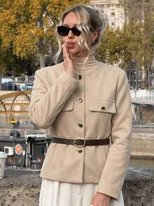 GDDYIN Women's Autumn New Elegant Retro Style Commuting Outfit Solid Color Front Buckle Belt Slim Fit Jacket Fall - Beige - View 5