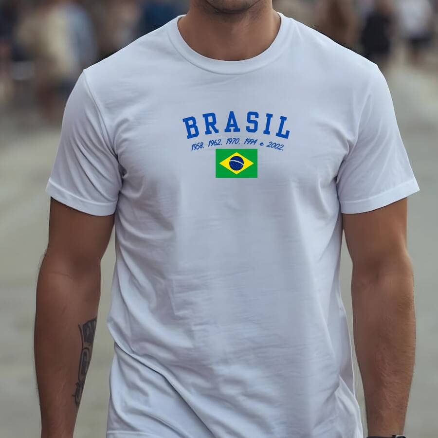 Camiseta Masculina BRASIL DE TODAS AS COPAS Sport Futebol Camisa das Conquistas em Algodão Uso Diário