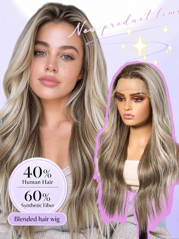 Peluca rubia larga y ondulada multicolor con encaje frontal 13*4, mezcla de cabello humano y sintético, rizos sin esfuerzo y románticos, peluca para fiesta, Navidad, uso diario, festival y cosplay para mujeres, peinado