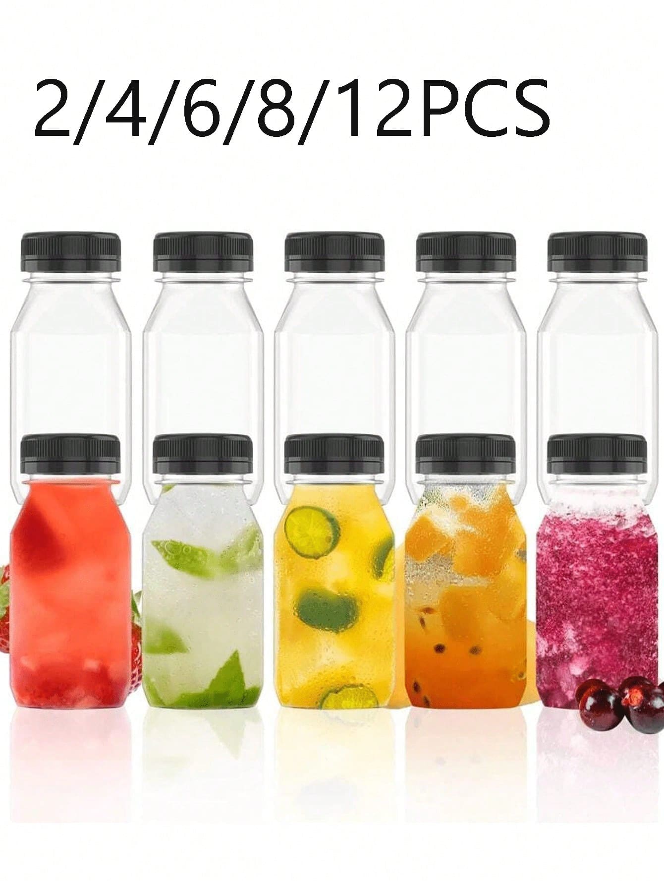 Bộ 2/4/6/8/12 chai nước ép bằng nhựa có nắp, hộp đựng nước ép tái sử dụng dùng trong tủ lạnh, chai sinh tố, chai sữa, thích hợp cho hoạt động ngoài trời và cắm trại.