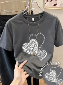 Women's Heart-Shaped Printed Short-Sleeved Shirts, Spring Wear, Holiday Wear, Summer White, Seaside Vacation Style, Country Style, Women's Office Wear. - 深灰色 - 查看 9