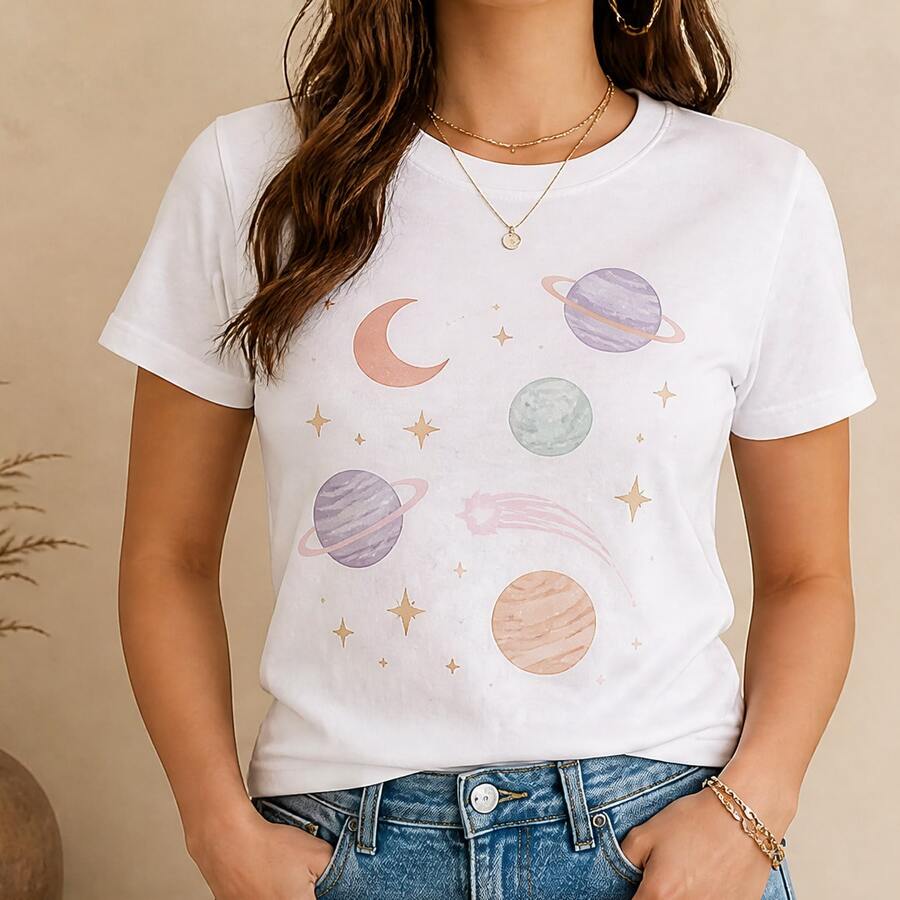 Camiseta mujer manga corta con planetas y estrellas, playera estampada casual, cuello redondo, cómoda para escuela, paseo y uso diario - Blanco - Ver 1