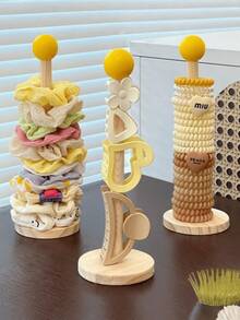 Wooden Hair Tie Organizer Rack With Yellow Lid, Cute Desktop Hair Accessory Display Stand, Space-Saving Vanity Table Storage Decor - Multicolor - View 7