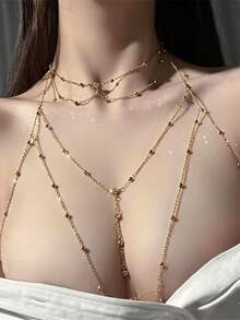 Exquisita cadena de pecho y Body con decoración de strass y cuentas para mujer, para decoración de primavera y verano, sexy y encantadora para fiesta de baile - Amarillo Oro - Ver 3