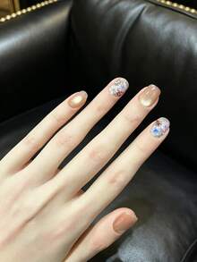10PCS Handmade Press On Nails, Short Square Nude Cat Eye Fake Nails With 3D Flower & Rhinestone Charms, Glitter Shimmer False Nails, Glossy Reusable Nails For Women - Multicolor - View 2