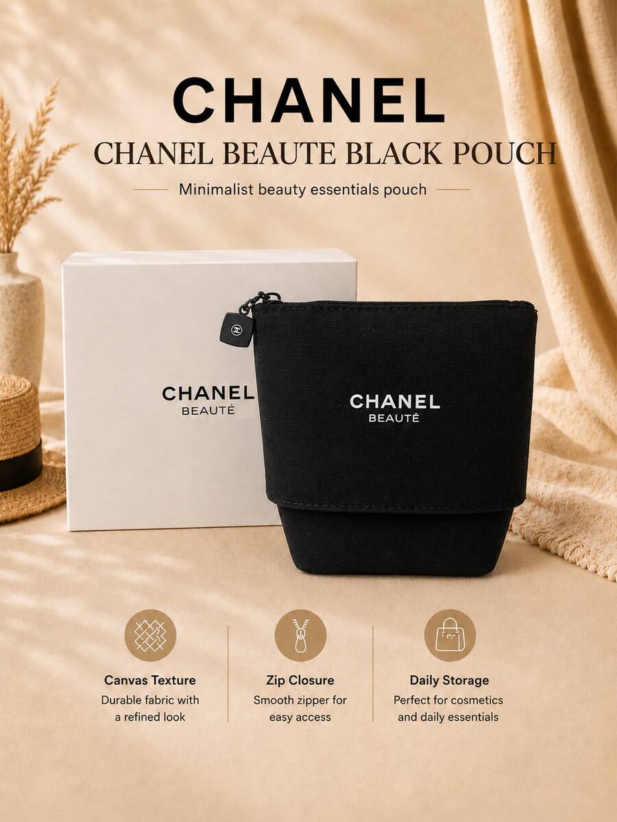Chanel 黑色彈性帆布化妝包 14*13.5cm,耐用帆布材質,可擴展容量,結構底座可直立,適合個人使用與送禮 - 黑色 - 查看 1